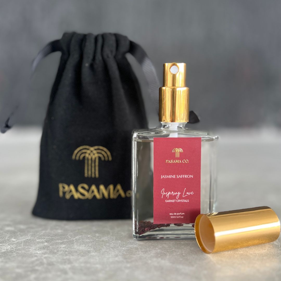 Jasmine Saffron perfume with red garnet crystals